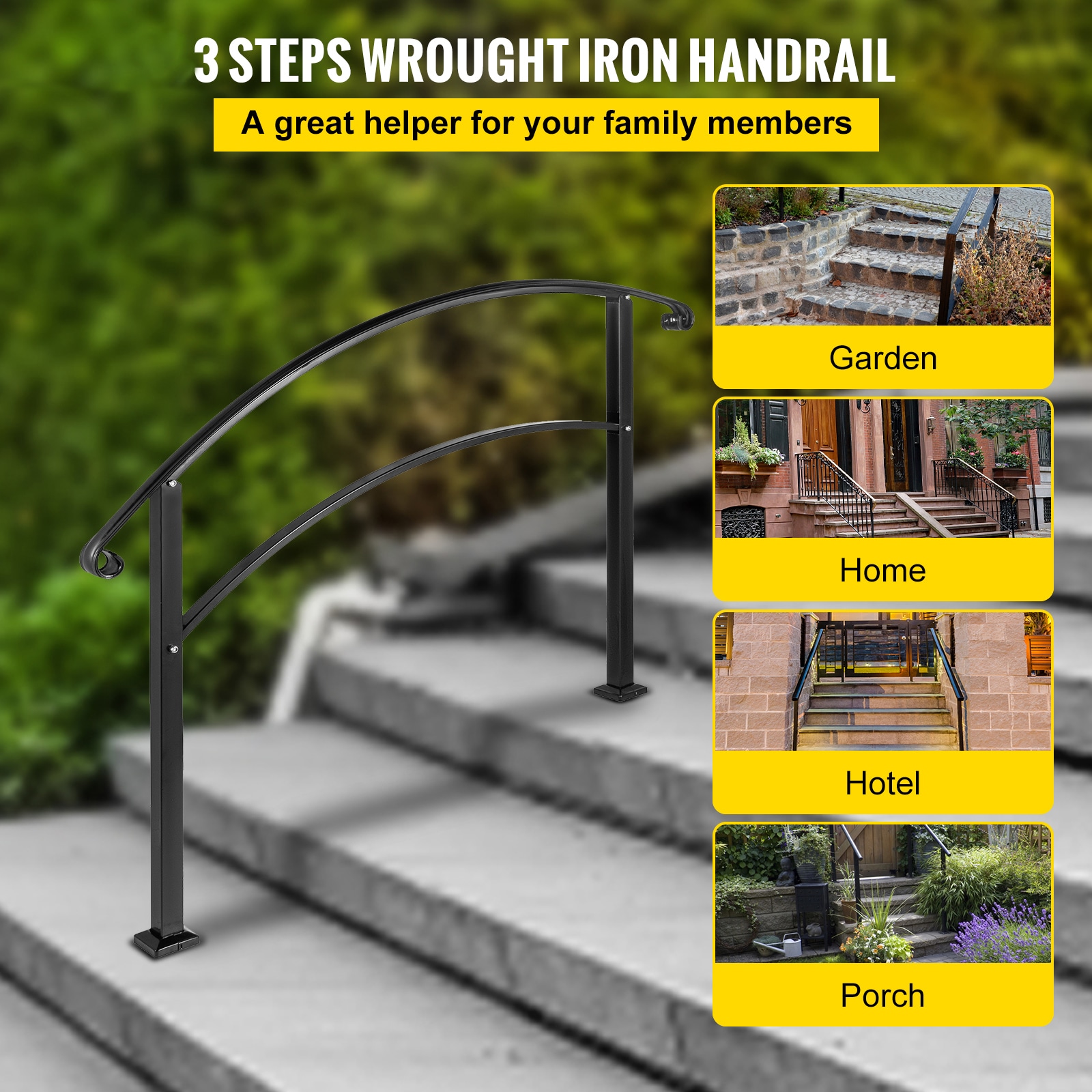 Black Wrought Iron Handrail For Outdoor Steps Garden Stair Railing_voghion.com